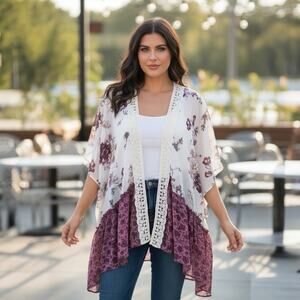 Jolt Floral Lace Trim Lightweight Boho Kimono Shawl Cardigan Women's 2X